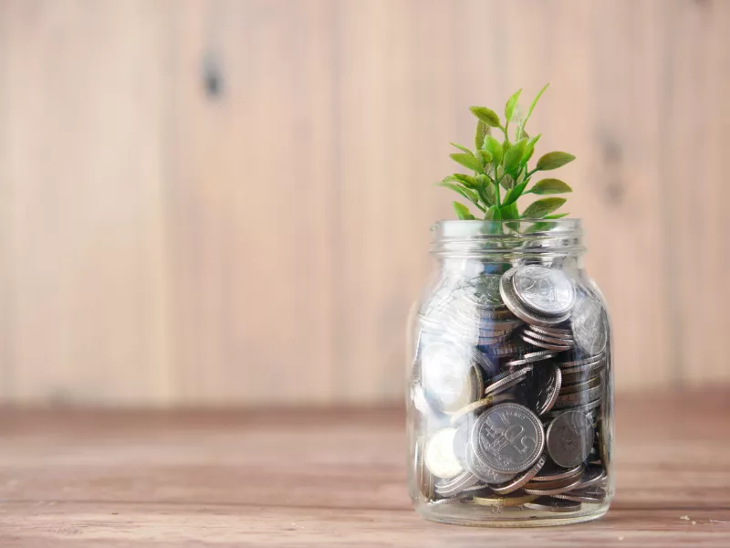 mason jar containing change with a plant growing out of it