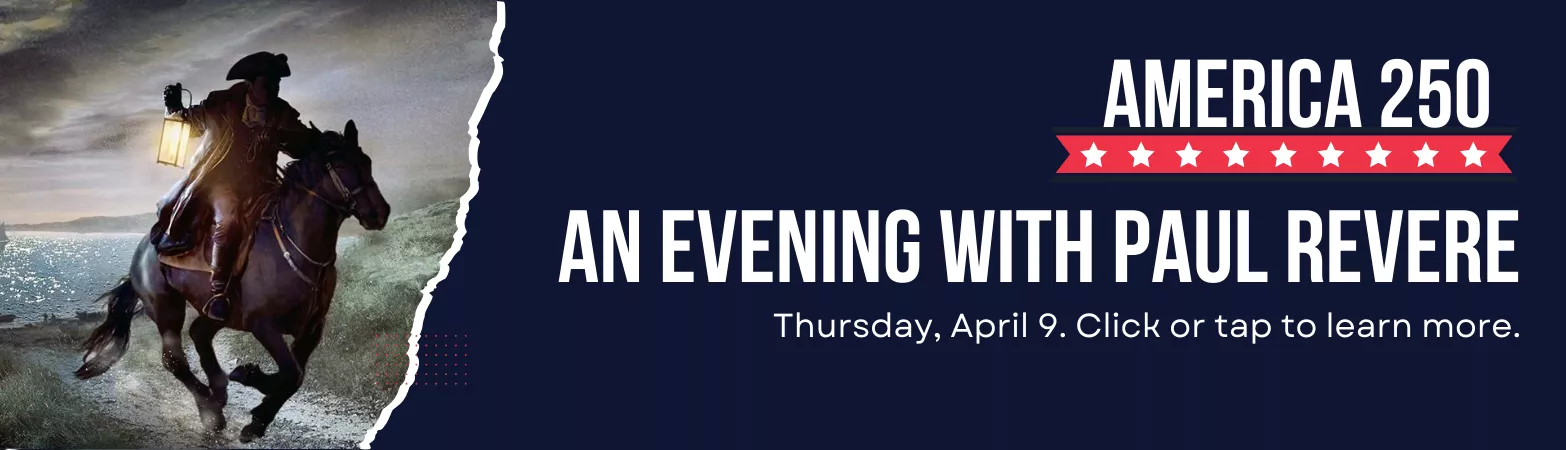 painting of Paul Revere on horse with white font