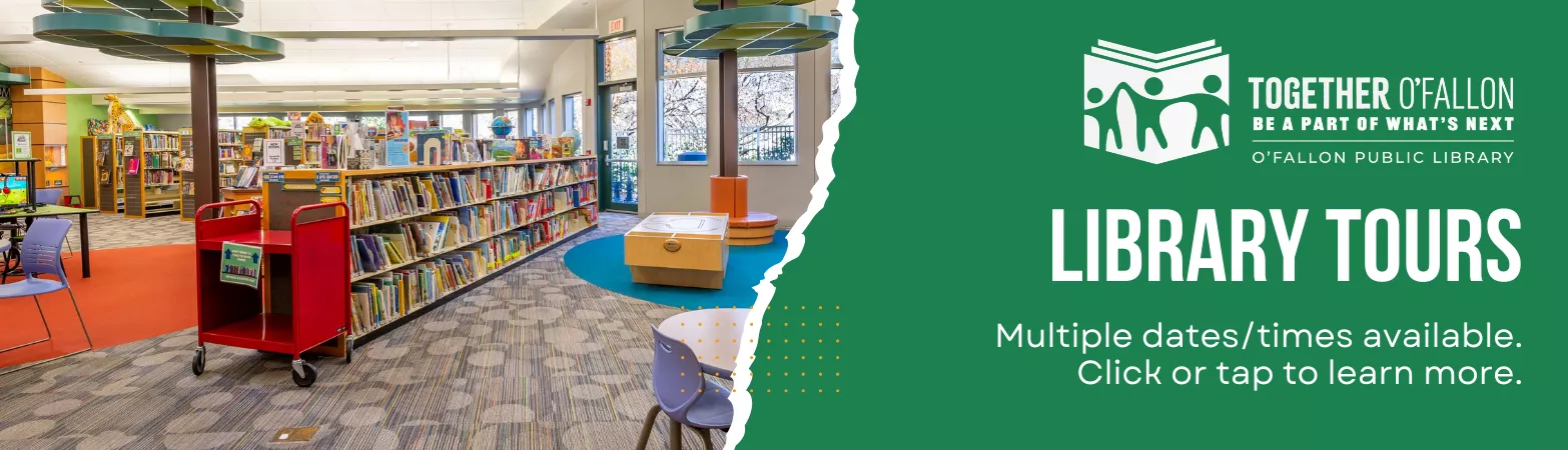 picture of library with white font