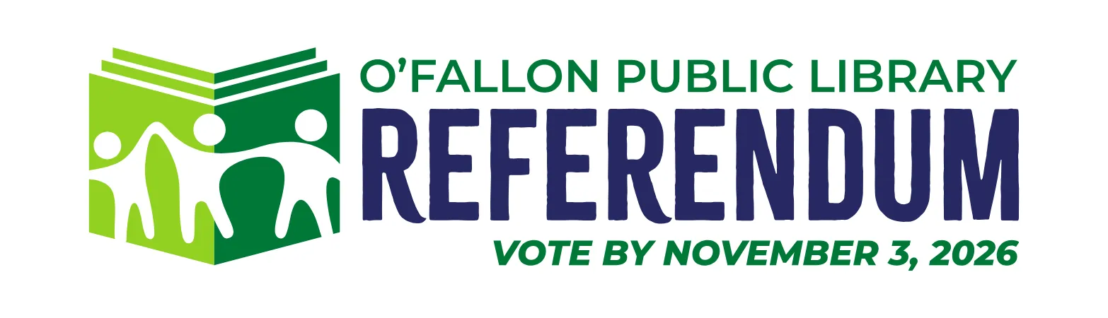 “O’Fallon Public Library referendum logo featuring a stylized open book with people, alongside the words ‘Referendum — Vote by November 3, 2026.’”